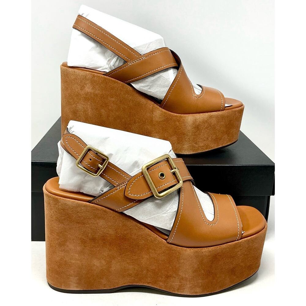 Coach Archival Buckle Platform Sandals Tan Cognac Suede Wedge Size 10 NIB - Picture 4 of 15